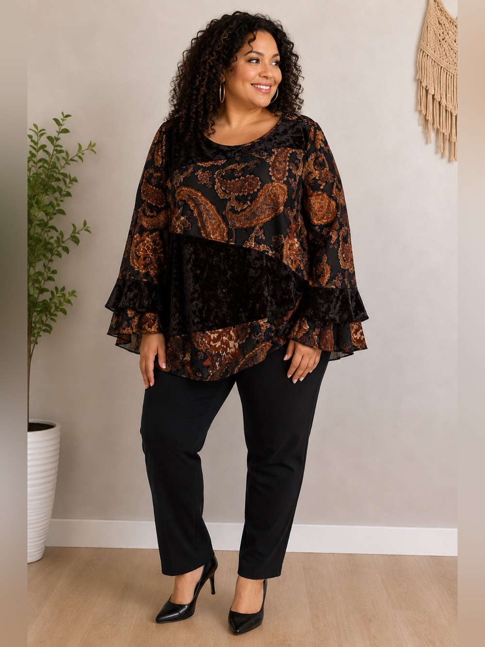 🖤 Ashley Stewart Size 22/24 Boho MPaisley Velvet Ruffle Sleeve Top